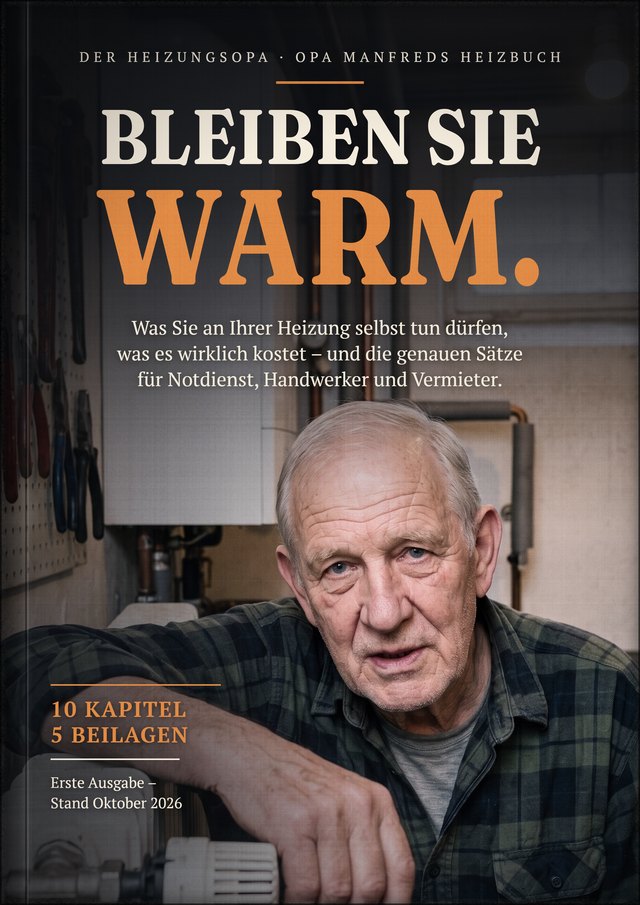 Buchcover: Bleiben Sie warm. Opa Manfreds Heizbuch. Manfred im Heizungskeller, die Hand am Thermostat. 10 Kapitel, 5 Beilagen.